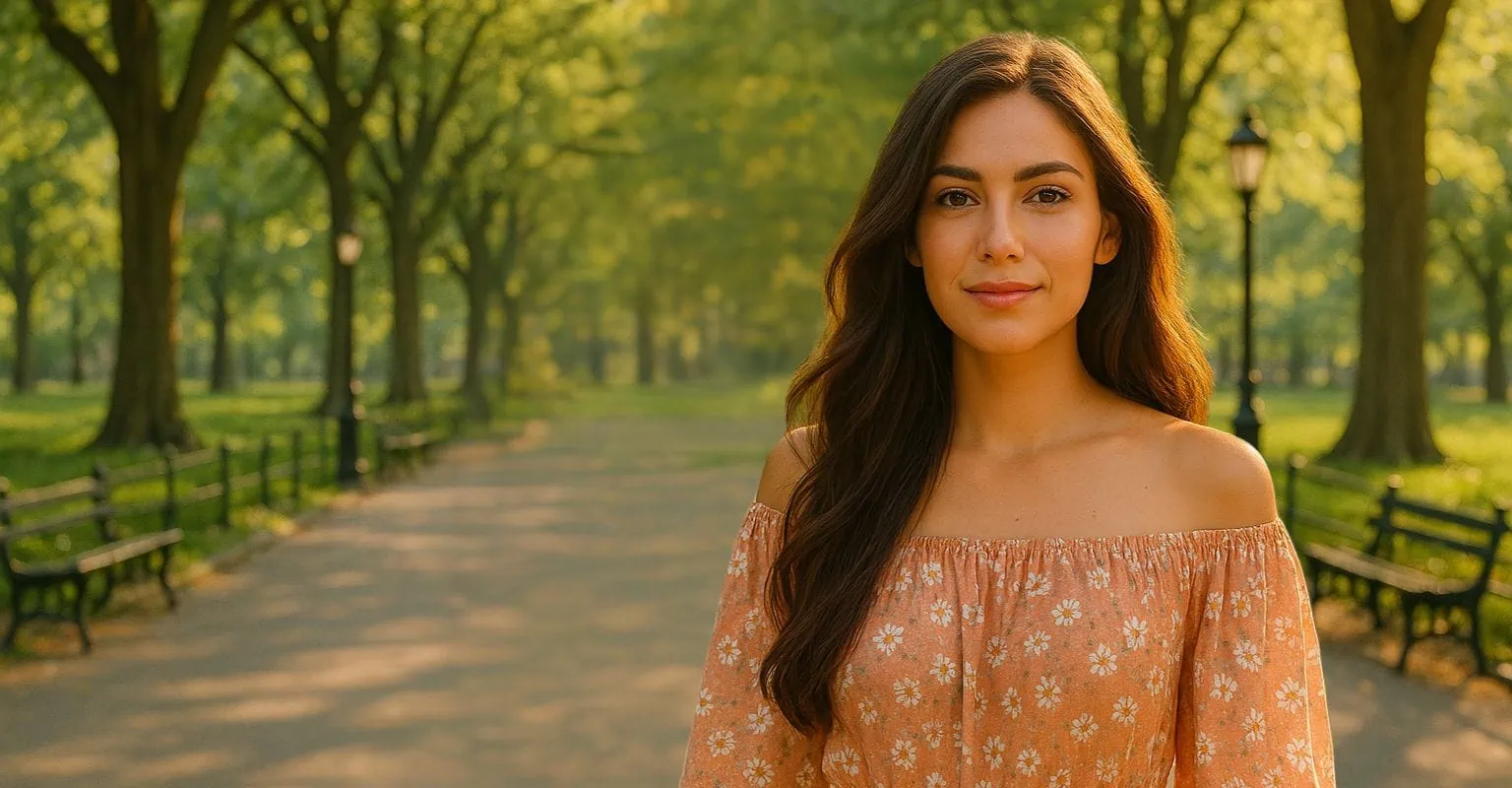 A woman with long brown hair stands on a tree-lined path in a park, wearing an off-the-shoulder floral dress. The background features benches and green foliage, creating a serene, sunlit atmosphere.